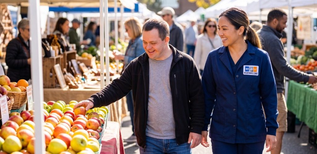 Participant and staff shopping for fresh produce at outdoor farmers market