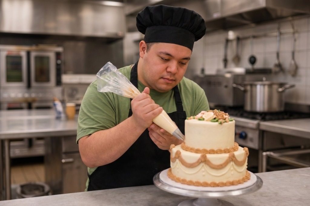 Culinary arts participant decorating tiered cake with piping bag