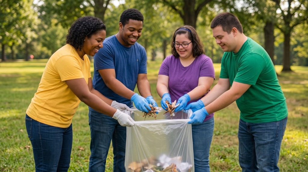 Participants collaborating in community park volunteering