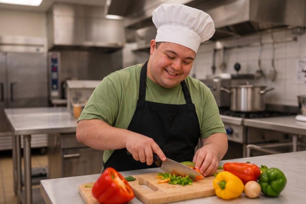 Participant preparing healthy bell peppers in commercial kitchen
