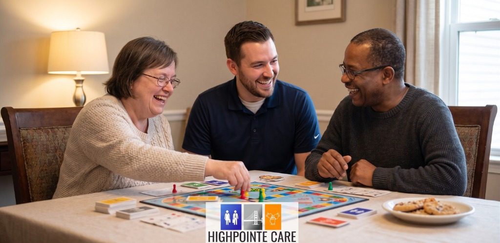 Residents enjoying tabletop board games and social leisure in cozy home