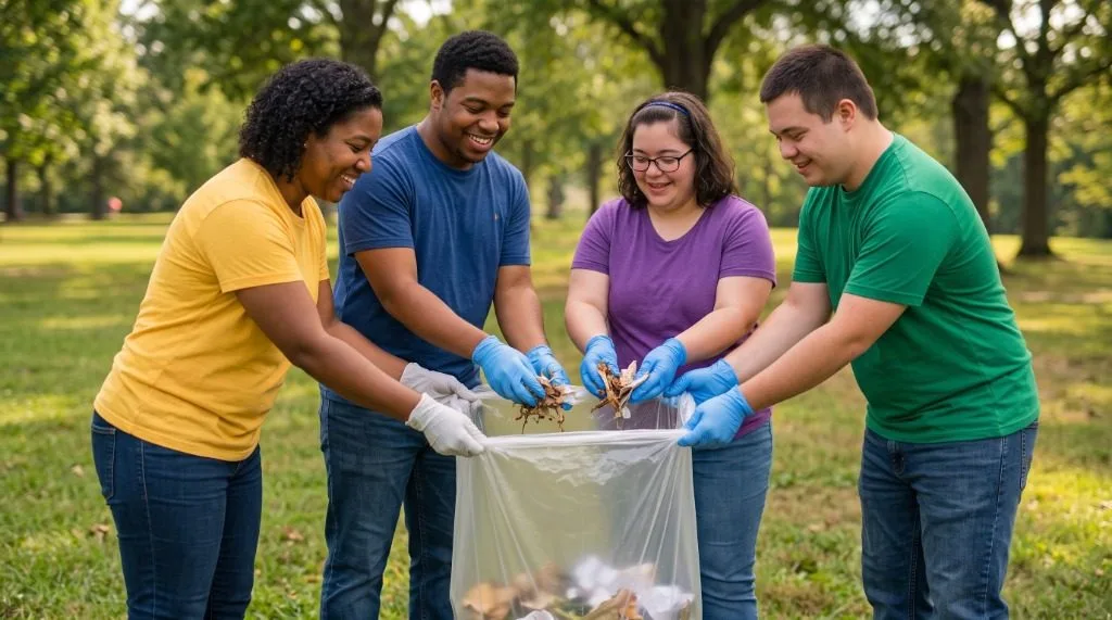 Participants collaborating in community park volunteering