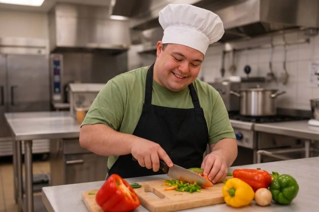 Culinary student preparing fresh vegetables in commercial kitchen