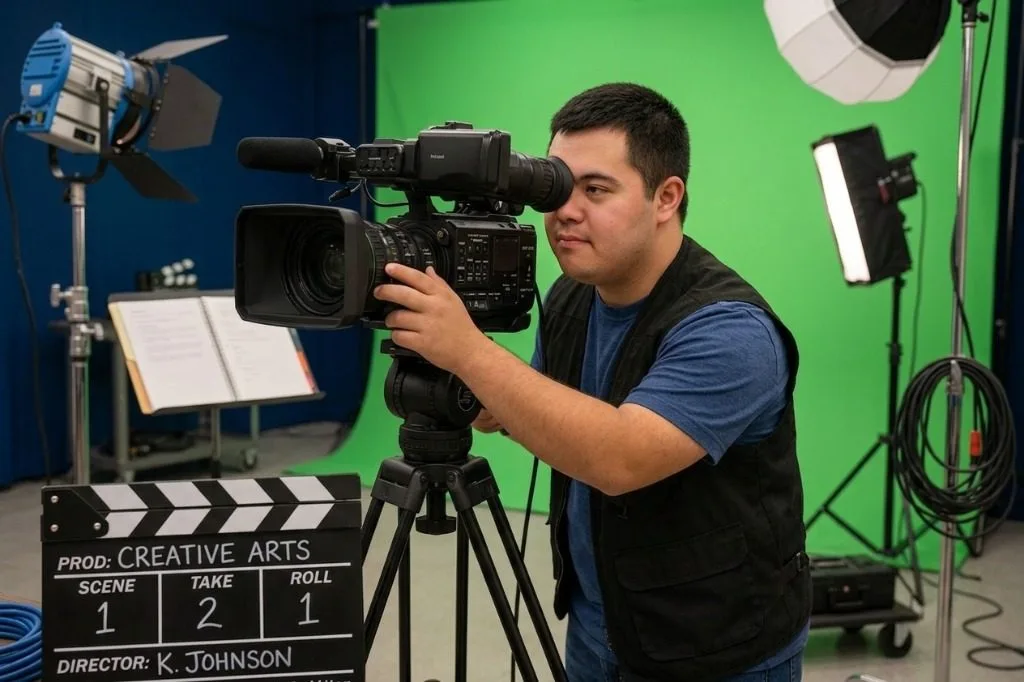 Participant operating professional video camera in studio