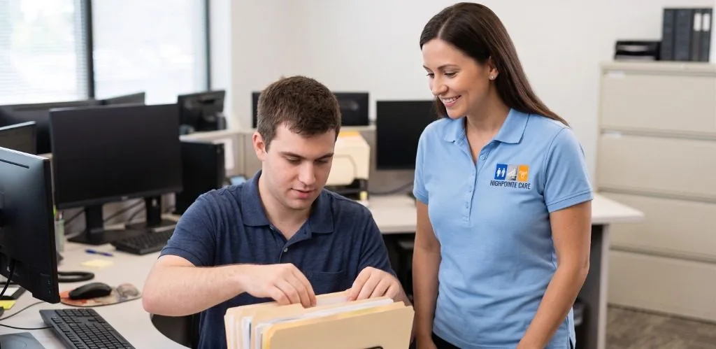 Employee organizing office files with supportive Highpointe job coach