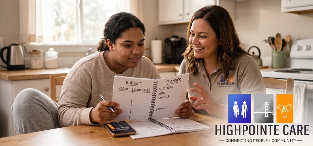 Highpointe Care staff assisting individual with budget planning and money management