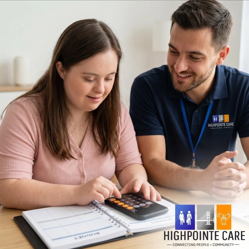 Staff member supporting individual with calculator and independent life skill development