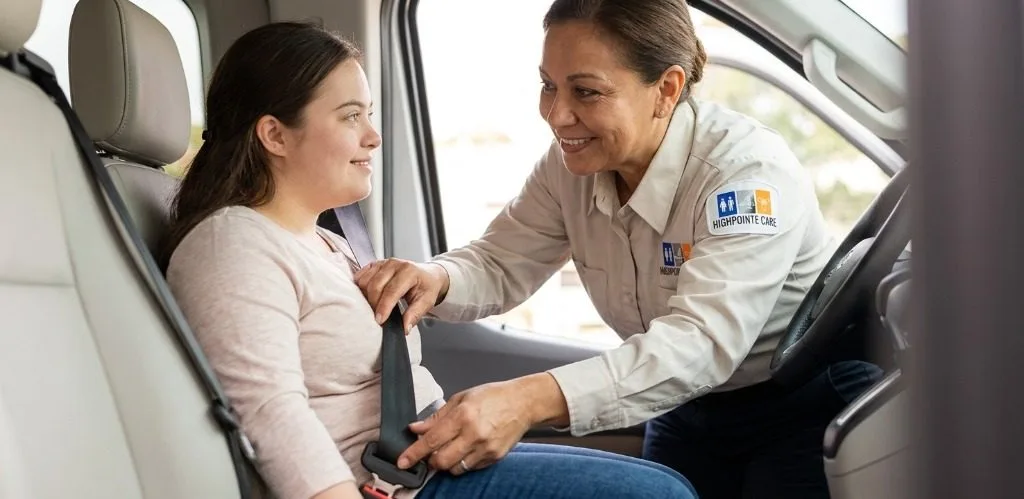 Certified driver assisting passenger with seatbelt in Highpointe Care van